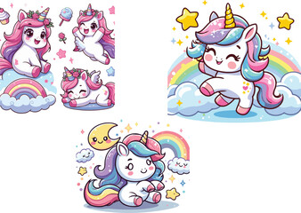 set of funny unicorn cartoon vector drawing.