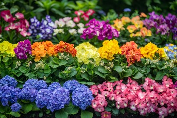 Obraz premium A rainbow of vibrant flowers arranged symmetrically in a garden bed. 