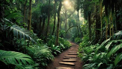 Fototapeta premium A tropical rainforest path leading into the dense jungle, lined with exotic plants, massive trees covered in vines, and mysterious shadows, inviting an adventurous journey into the unknown.
