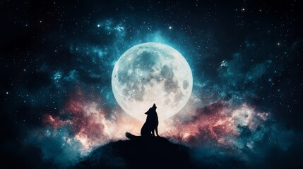 Wolf with a cosmic pattern on its fur, howling at the moon, surrounded by a galaxy-like background, wolf, night, cosmic