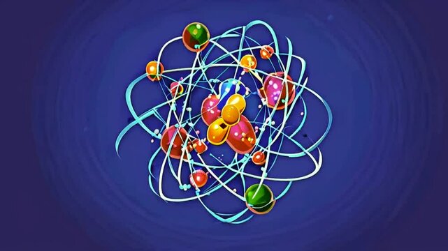 A colorful illustration of an atom with electrons orbiting around a nucleus.