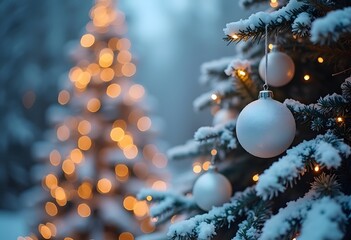 Christmas ornament with snowy fir branches and glowing lights. Winter decoration background.

