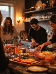 Friends preparing New Year’s cocktails, the kitchen buzzing with energy and laughter.