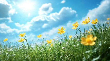 Beautiful spring background with yellow flowers on a green grass meadow and a blue sky