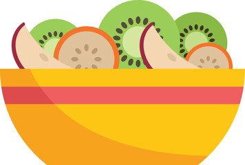 Yellow bowl is overflowing with sliced kiwi, apple, and orange, making a delicious and healthy fruit salad