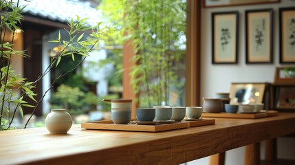 Cozy Japanese-Inspired CafÃ© Interior with Wooden Counter, Ceramic Cups, Bamboo Plants, and Artwork Decor