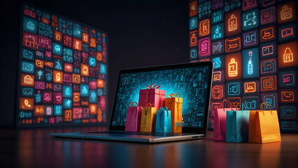 Dynamic image of a glowing laptop screen with Cyber Monday deals, neon shopping icons, and digital elements.