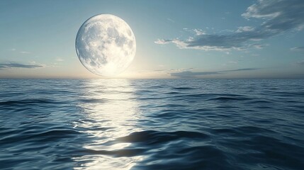 A Full Moon Rising Over a Calm Ocean at Twilight