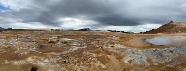 Námafjall Hverir, Reykjahlíð, Iceland - sulfuric smoker panorama landscape of geothermal zone and tourist sightseeing location