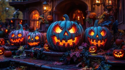 Glowing Jack-o'-Lanterns Surrounded by Spooky Halloween Decor