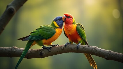 Obraz premium Two colorful parrots are sitting on a branch, one is picking at the other's head with its beak