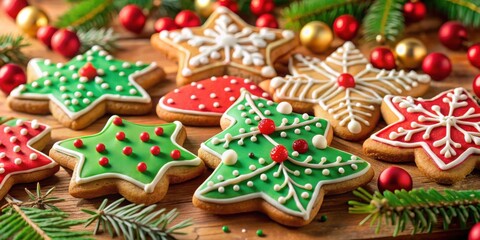 Beautifully decorated Christmas cookies with festive background