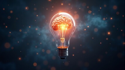 A brain in a glowing electric light bulb in space
