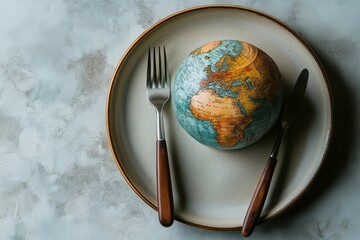 Fork and knife are placed on a white plate, with a small globe sitting on top of it. A globe on a plate with a fork and knife on a light background, a World Food Day wallpaper concept