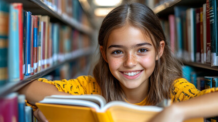Young girl enjoying reading a book in a library surrounded by shelves of books