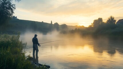 A man fishing on a river at sunrise.