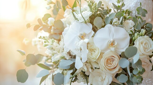 A detailed close-up of the brides bouquet featuring orchids, eucalyptus, and roses, with soft natural light highlighting the blooms.