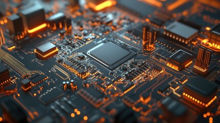 Obraz premium A detailed shot of a computer circuit board's surface, showing an array of transistors and electrical pathways connecting various parts.