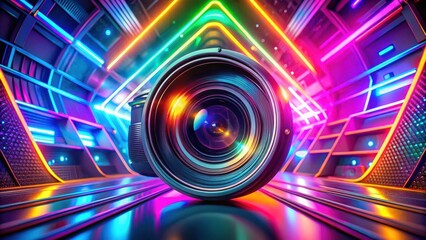 Colorful abstract art of camera lens surrounded by neon lights and geometric patterns, representing creativity and modern aesthetics