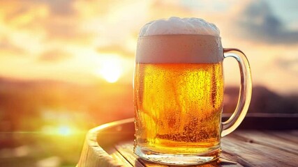 Golden beer in a frosty mug sits on a wooden barrel against a vibrant sunset backdrop during a warm evening