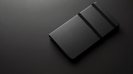 A black closed notebook with an elastic band on a black background.