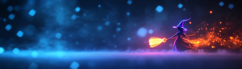 Naklejka premium Magical witch flying on broomstick with colorful background.