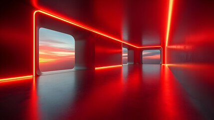 Red Neon Lights Illuminate Futuristic Corridor with Sky Views