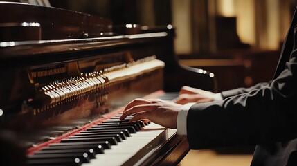 A pianist performs on a grand piano in an ornate concert hall.