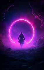 Obraz premium Mysterious figure entering a glowing portal in a dark setting.