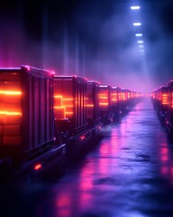 Obraz premium Neon-lit cargo containers in a misty environment, futuristic vibe.
