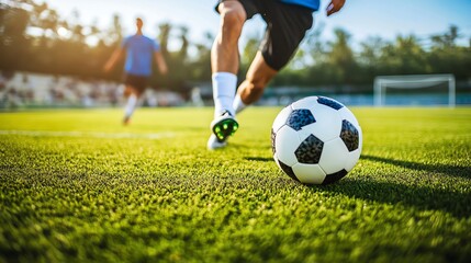 Obraz premium A soccer player kicks the ball on a green field.