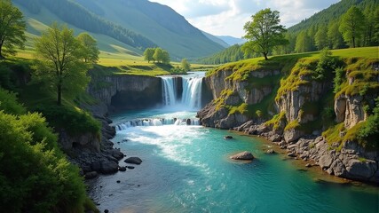 Fototapeta premium waterfall with blue water and green trees on the side