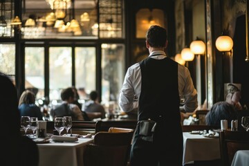 Waiter walking through restaurant dining room serving customers