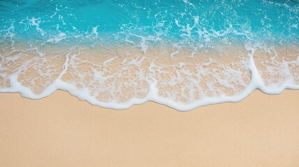 An overhead view capturing the beauty of a sandy beach, where soft waves kiss the shoreline against a backdrop of deep blue ocean waters, perfect for a summer getaway banner with room for messaging