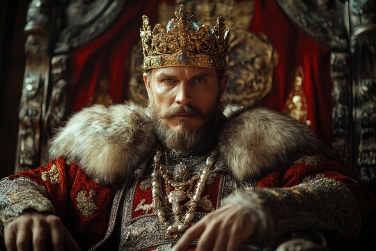 Medieval king sitting on throne with fur and golden crown