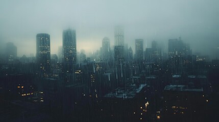 Fototapeta premium A foggy morning with light rain falling over a city skyline, the buildings barely visible in the mist.