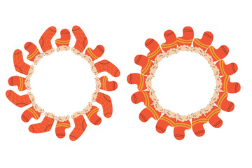 Flat vector illustration colorful knitted mittens,knitted socks,round frame. Winter holiday background. Red and white Christmas doodle design