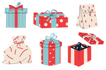 Flat vector illustration gifts in gift paper, bow on the gift. Gifts for New Year, Christmas, birthday. Gift wrapping. Idea for a postcard, banner.