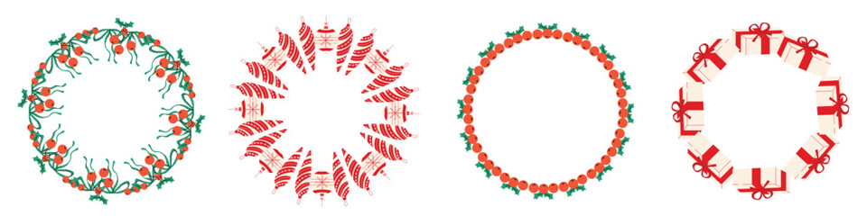 Flat vector illustration of frame with berries, gifts, Christmas tree toys.