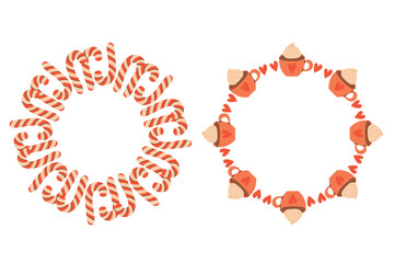 Flat vector illustration round frame of Christmas candies and cocoa mugs. Christmas wreath with black and gold branches and cones.