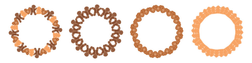 Flat vector illustration with gingerbread frames. Round frame made of cookies. Christmas gingerbread, cookies.