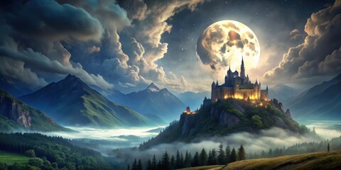 Fototapeta premium Majestic mountain landscape with castle under glowing full moon and dark clouds creating a mystical and serene setting