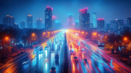 Fototapeta premium A dynamic and energetic cityscape with streaks of car lights at night