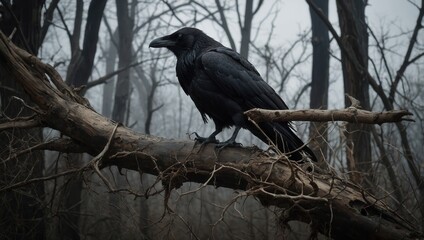 Fototapeta premium A black crow is perched on a branch in a forest