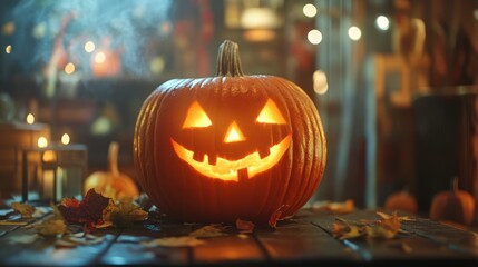 Big pumpkin with carved funny glowing face standing on background of Halloween decor. Close up of jack-o-lantern standing on right side on wooden table. Halloween holiday concept. Blurred background