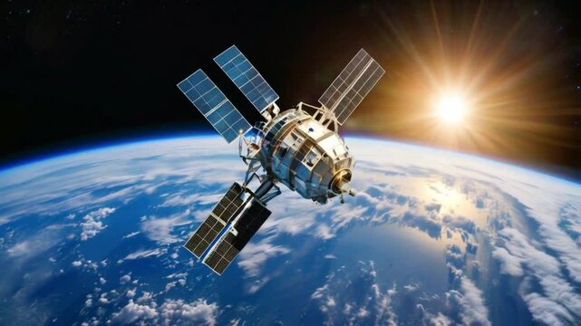 A satellite orbiting Earth, capturing sunlight with solar panels, showcasing space technology.