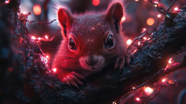 curious red squirrel peeking from behind a futuristic holographic tree trunk in a neonlit cyberpunk forest setting
