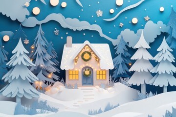 Naklejka premium Paper Cut Style Snow-Covered Cottage with Wreath and Festive Lights