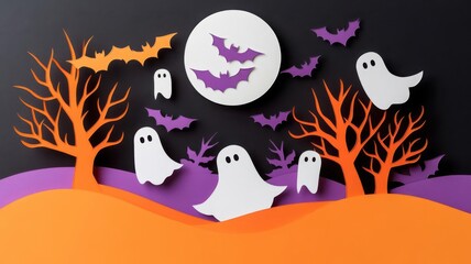 Obraz premium Layered paper cut style Halloween scene with haunted trees, full moon, and flying ghosts, using orange, purple, white, and black colors