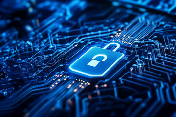 Cybersecurity, A digital lock icon on an electronic circuit board, symbolizing data security